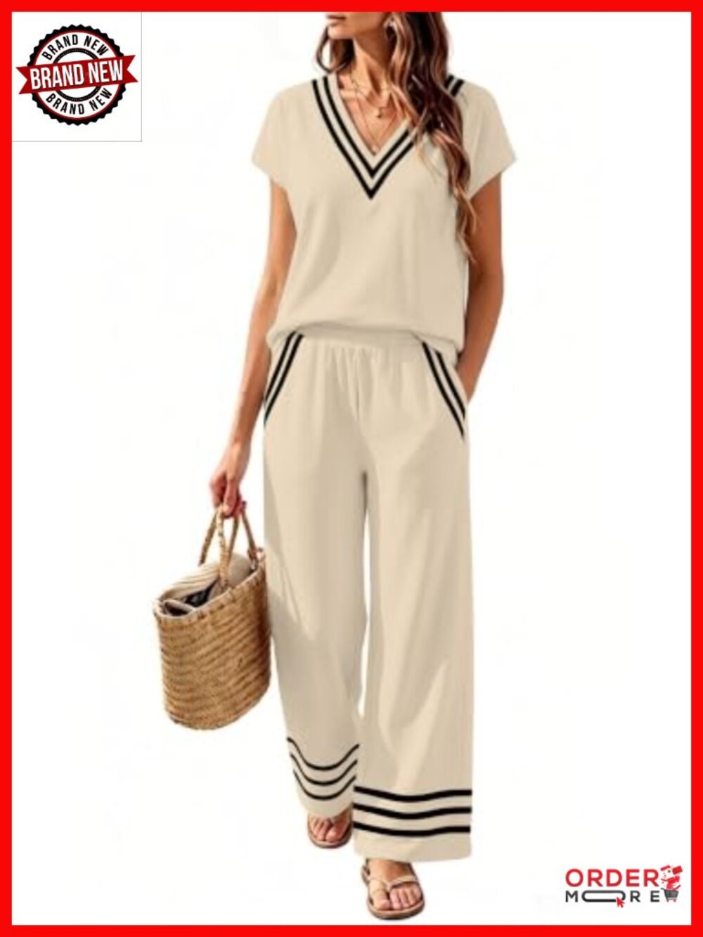 Women's Two Piece V-Neck Top & Wide-Leg Pant Lounge Set Polyester Cotton Travel